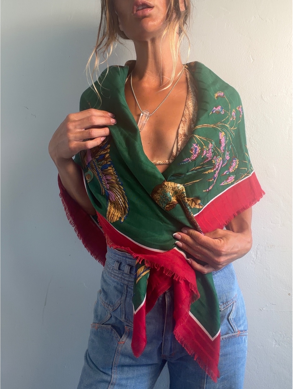 Vintage Green and Red Bird Print Scarf Wrap Shawl